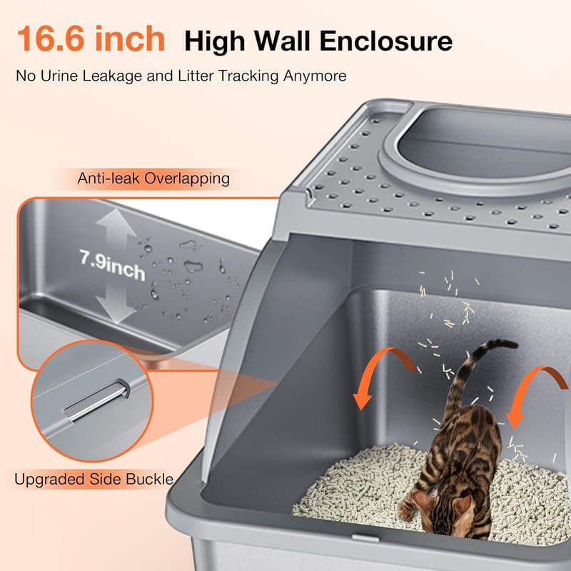 XXL Covered Stainless Steel Cat Litter Box with Dual Entrance
