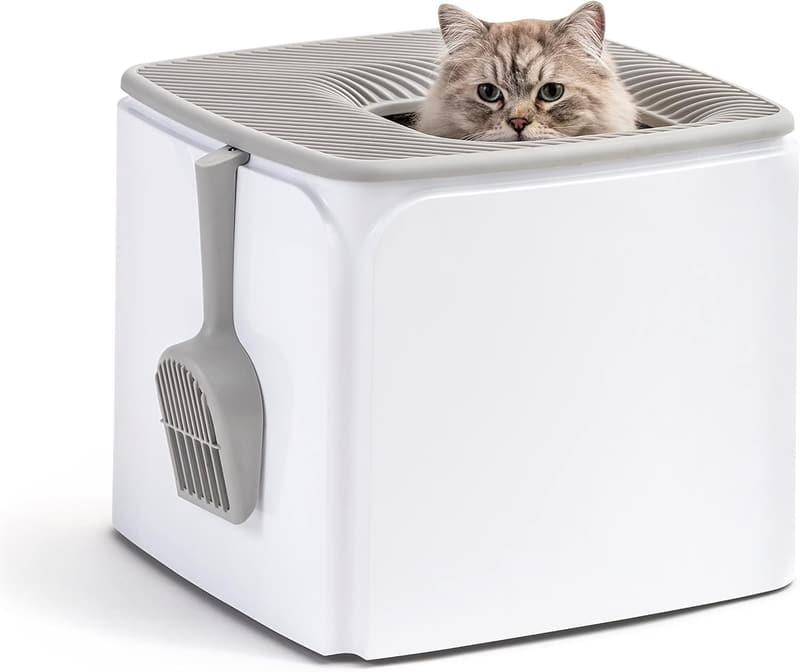 Premium Top Entry Cat Litter Box with Scoop - White/Gray