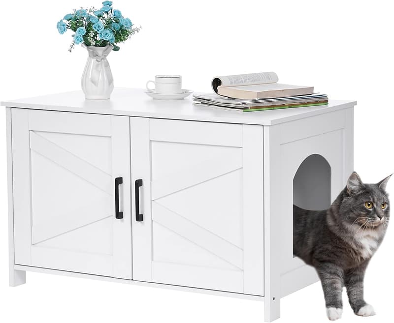 Wooden Cat Litter Box Enclosure with Barn Door