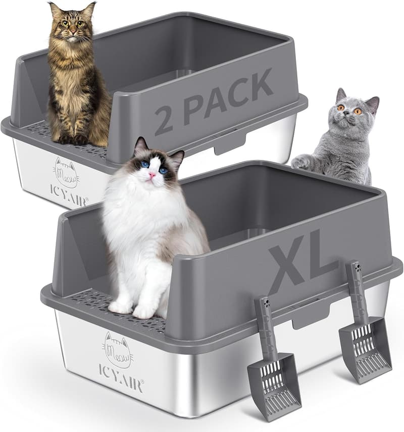 Extra Large Stainless Steel Cat Litter Box with Lid, 2-Pack