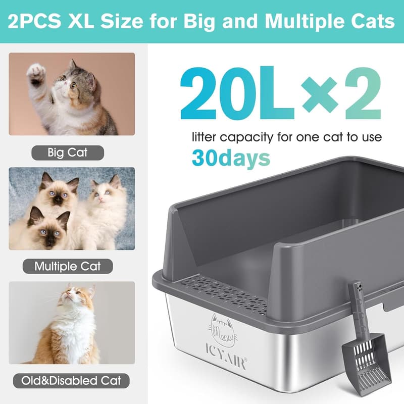 Extra Large Stainless Steel Cat Litter Box with Lid, 2-Pack