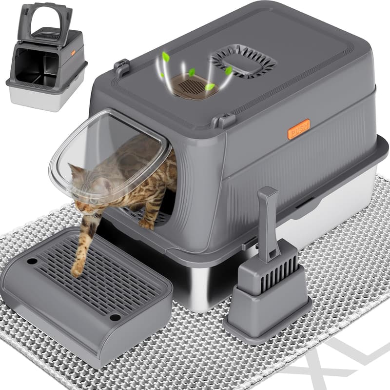 Extra Large Stainless Steel Enclosed Cat Litter Box with Lid