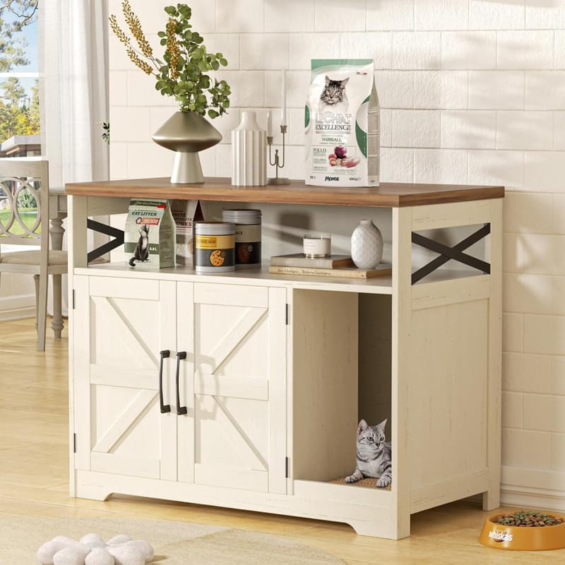 Farmhouse Hidden Cat Litter Box Enclosure with Scratch Pad