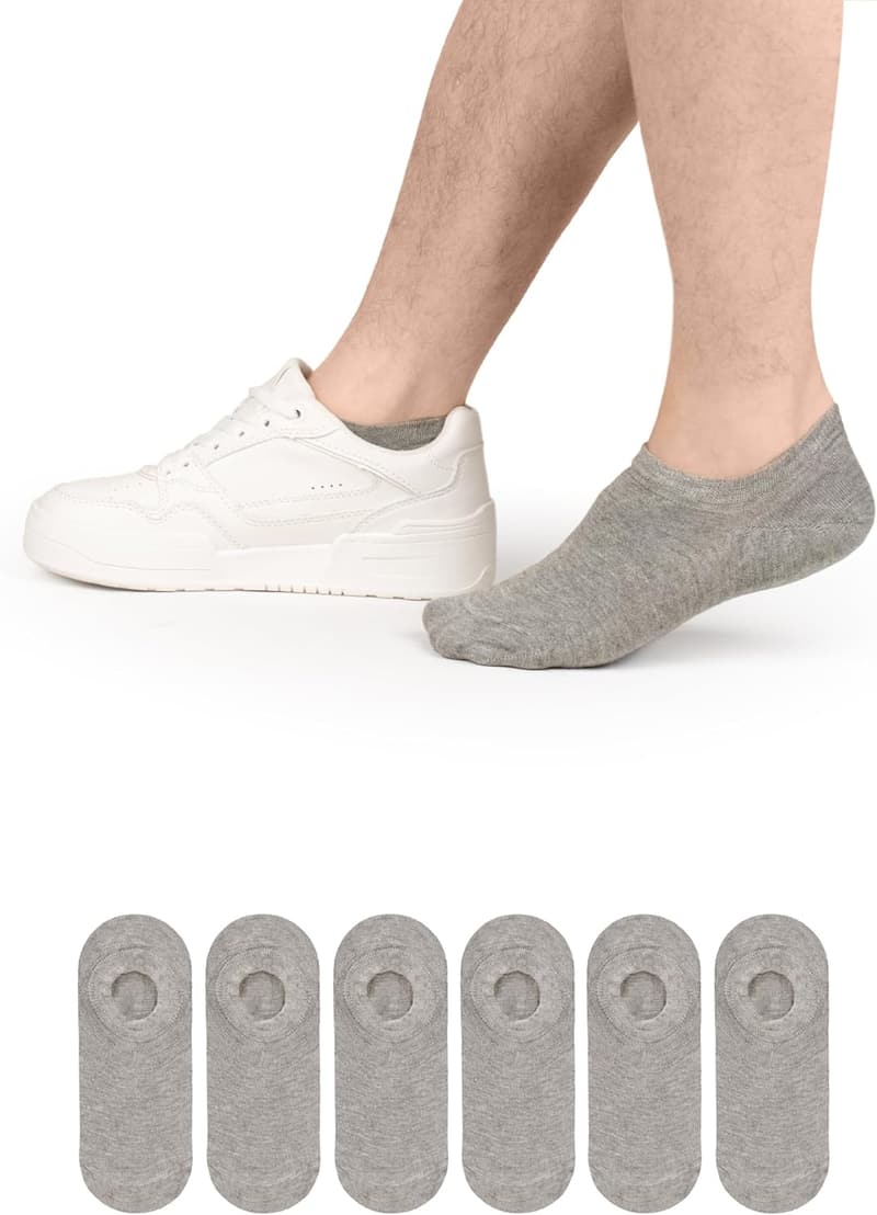 Men's Bamboo No-Show Socks - Non-Slip, Soft, Thin, Low Cut (6-12 Pairs)