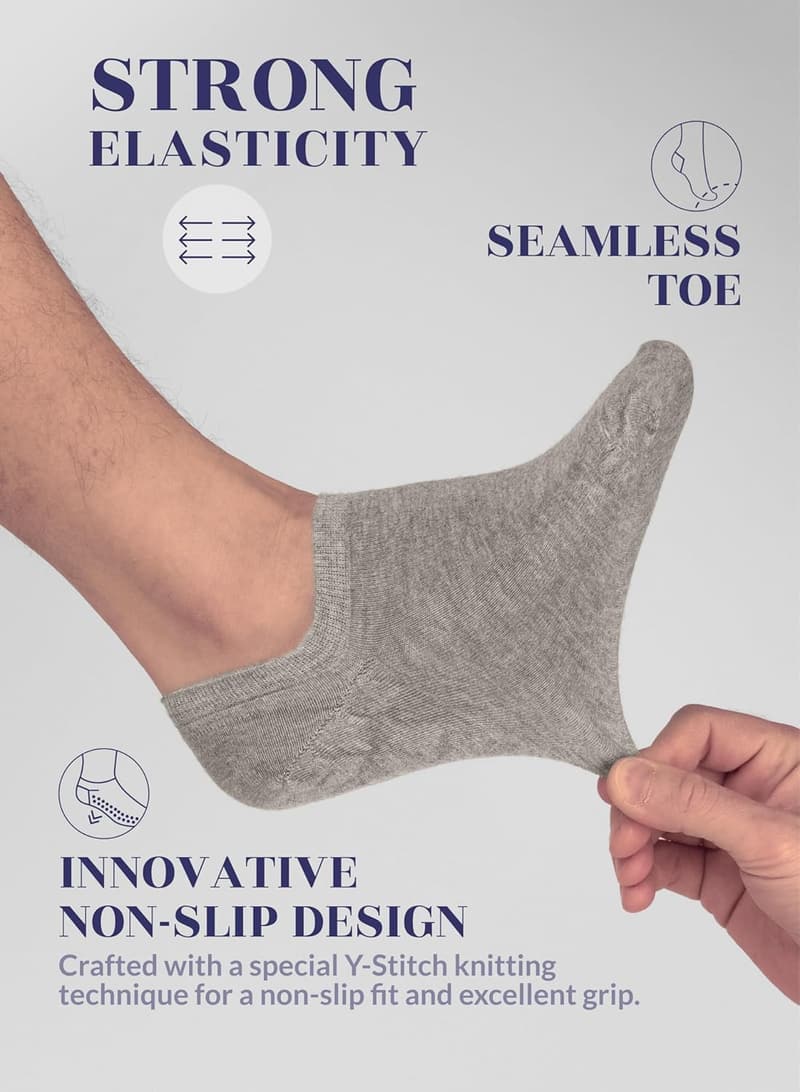 Men's Bamboo No-Show Socks - Non-Slip, Soft, Thin, Low Cut (6-12 Pairs)