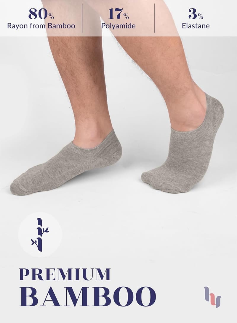Men's Bamboo No-Show Socks - Non-Slip, Soft, Thin, Low Cut (6-12 Pairs)