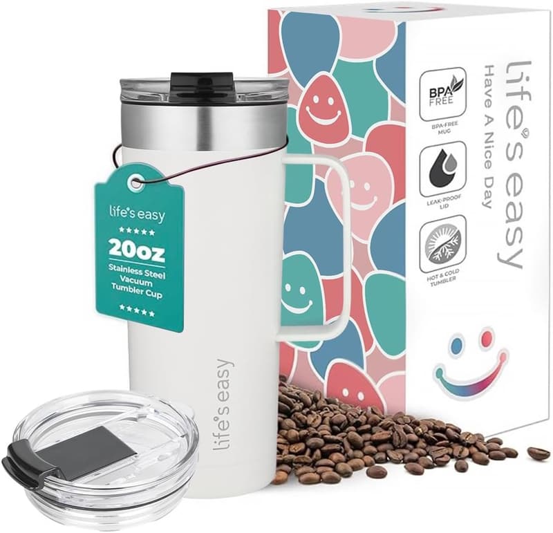 Insulated 20oz Stainless Steel Travel Mug with Handle - White