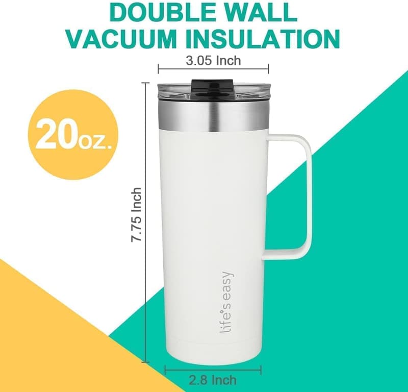 Insulated 20oz Stainless Steel Travel Mug with Handle - White
