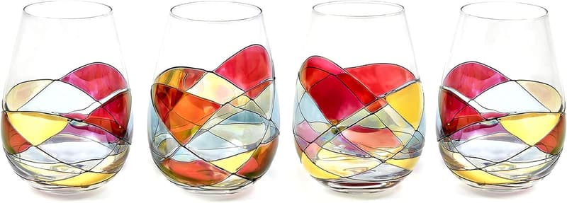 Hand Painted Stemless Wine Glasses Set - Unique Wedding Gift