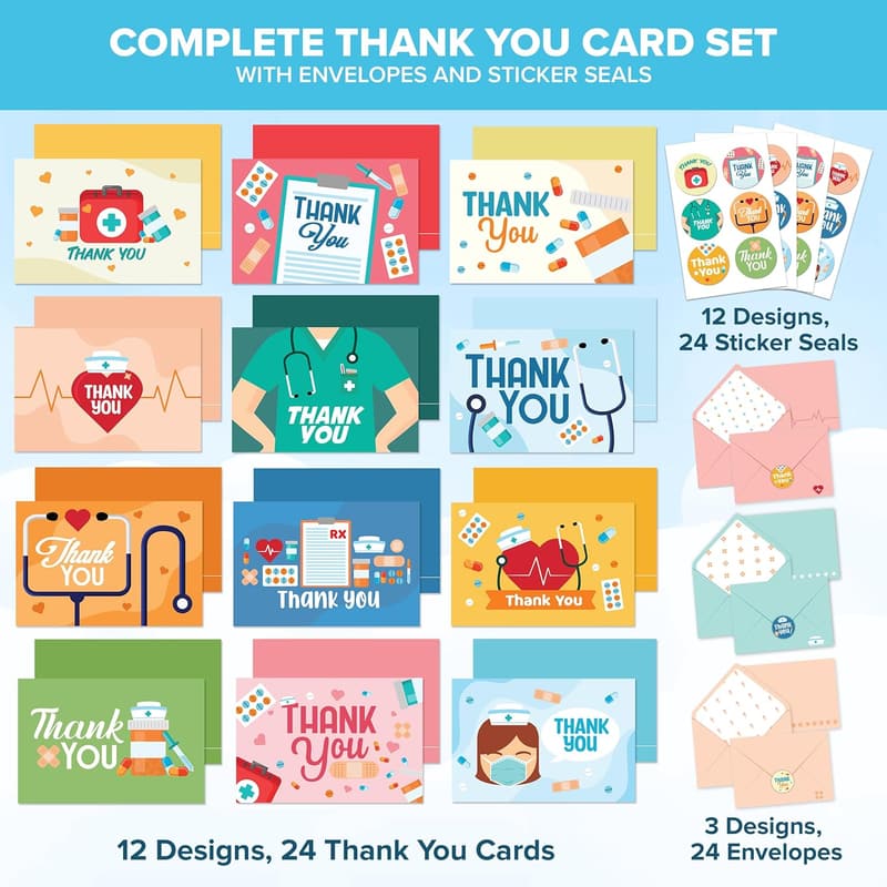 Nurse Thank You Cards - 24 Pack with Envelopes & Stickers