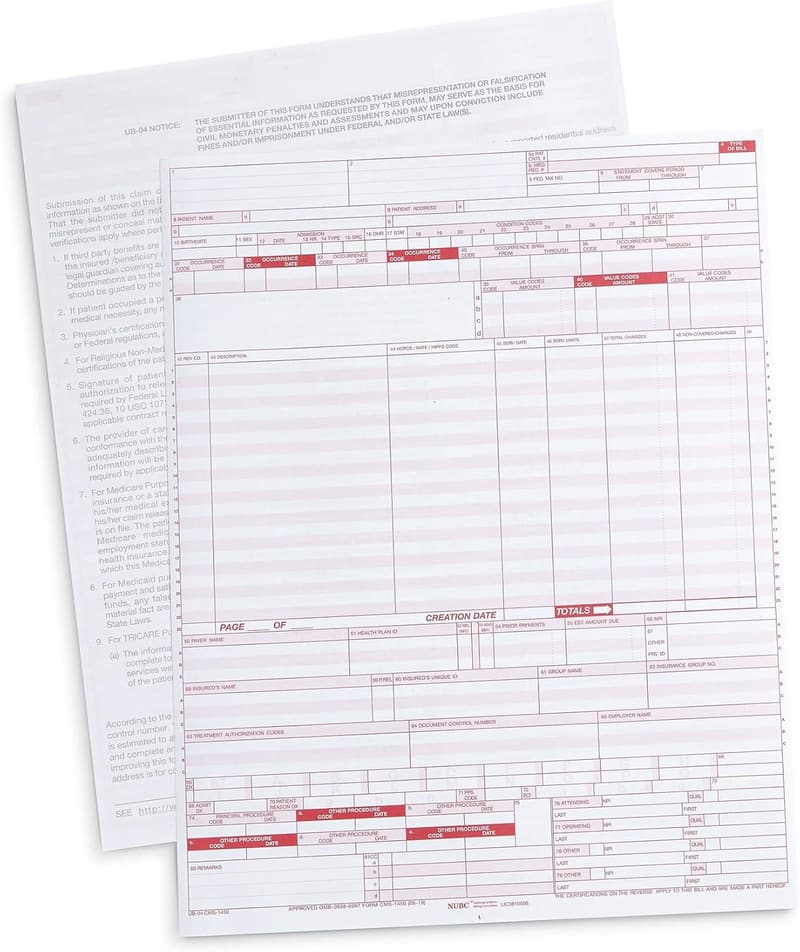 500 Pack UB04 Health Insurance Claim Forms for Hospitals