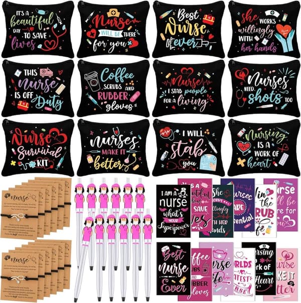 Nurse Appreciation Gift Set - 48 Pcs with Makeup Bags, Notebooks, Pens & Bracelet