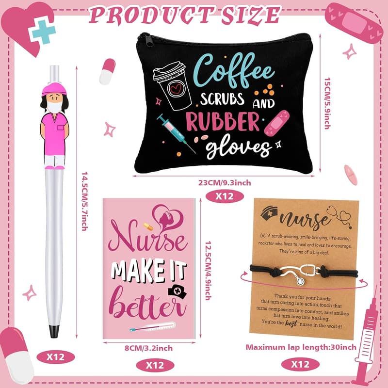 Nurse Appreciation Gift Set - 48 Pcs with Makeup Bags, Notebooks, Pens & Bracelet