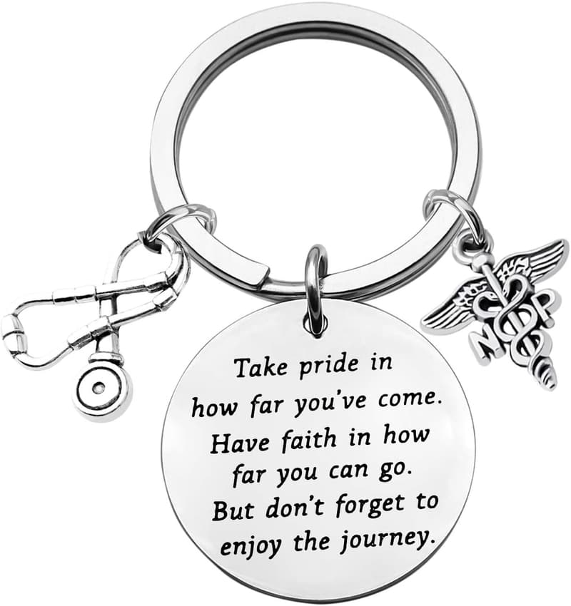 Nurse Practitioner Graduation Keychain with Caduceus Charm