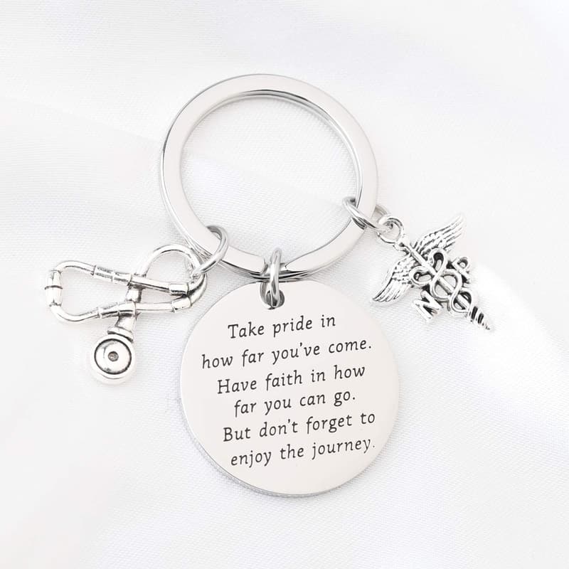 Nurse Practitioner Graduation Keychain with Caduceus Charm