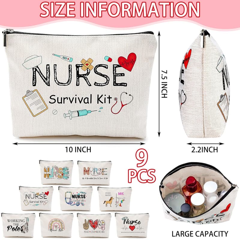 Funny Nurse Toiletry Bag Set – 9 Piece Gift Kit for Women