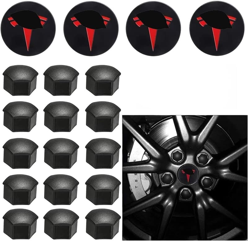 Tesla Model 3 & Y Black & Red Wheel Hub Cap Kit