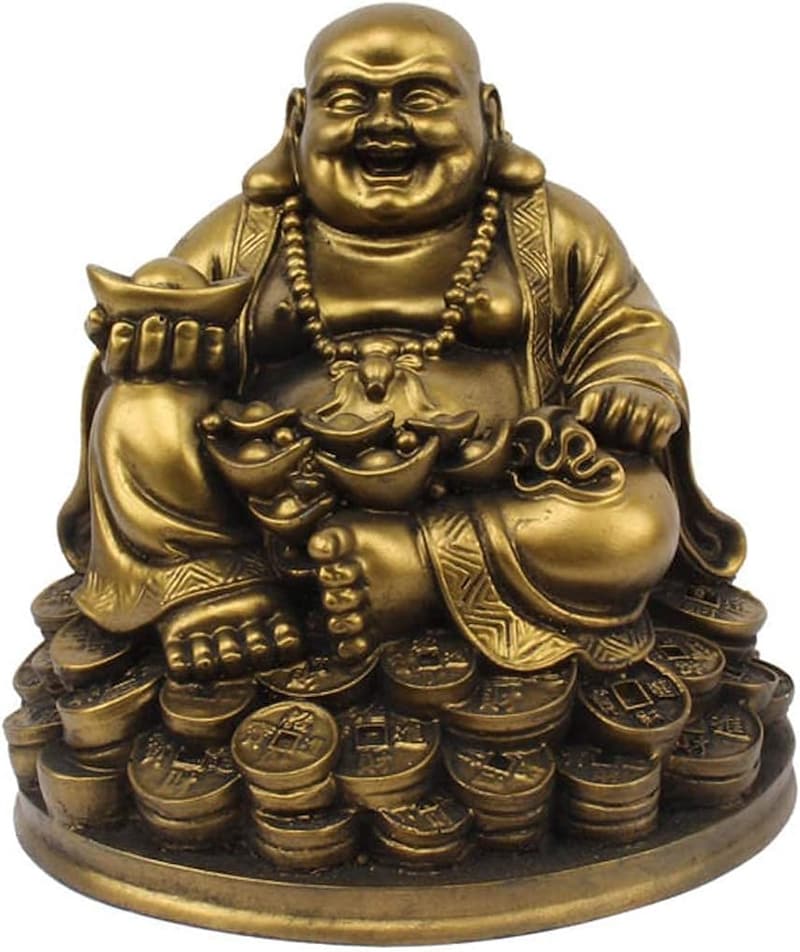 Feng Shui Laughing Buddha Statue on Lucky Coins - Handmade 5