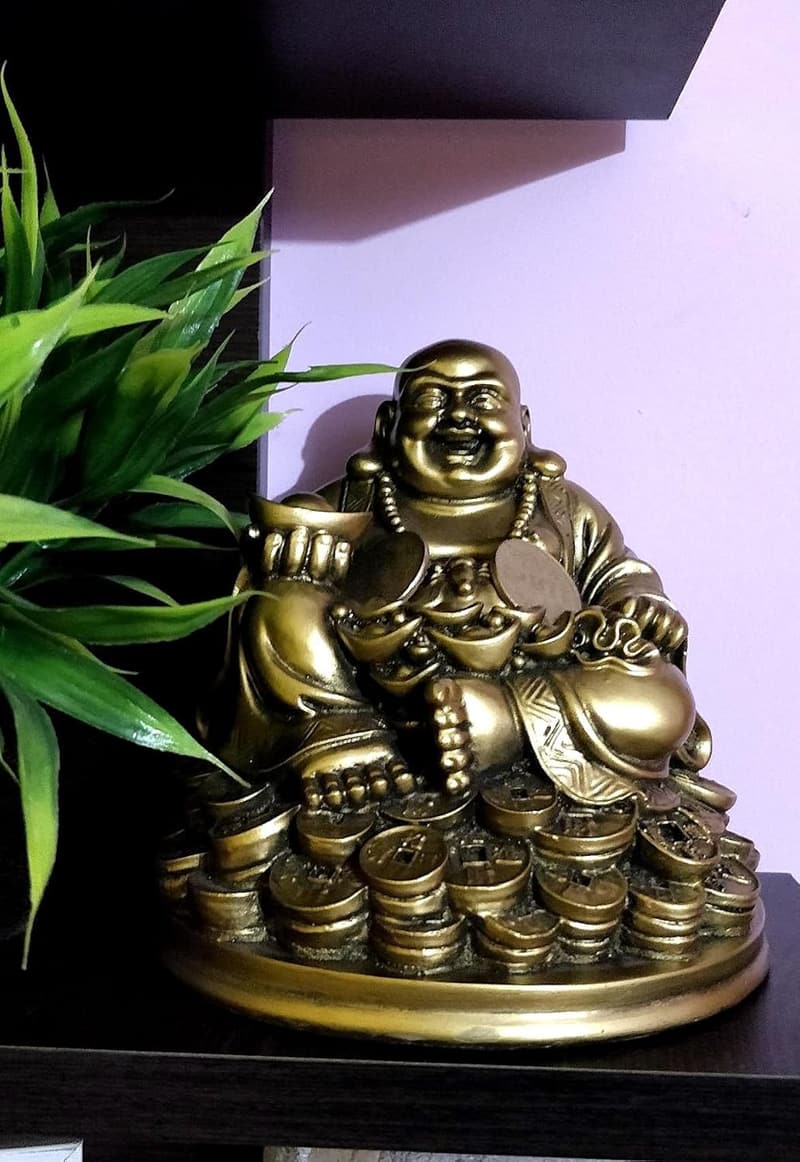 Feng Shui Laughing Buddha Statue on Lucky Coins - Handmade 5