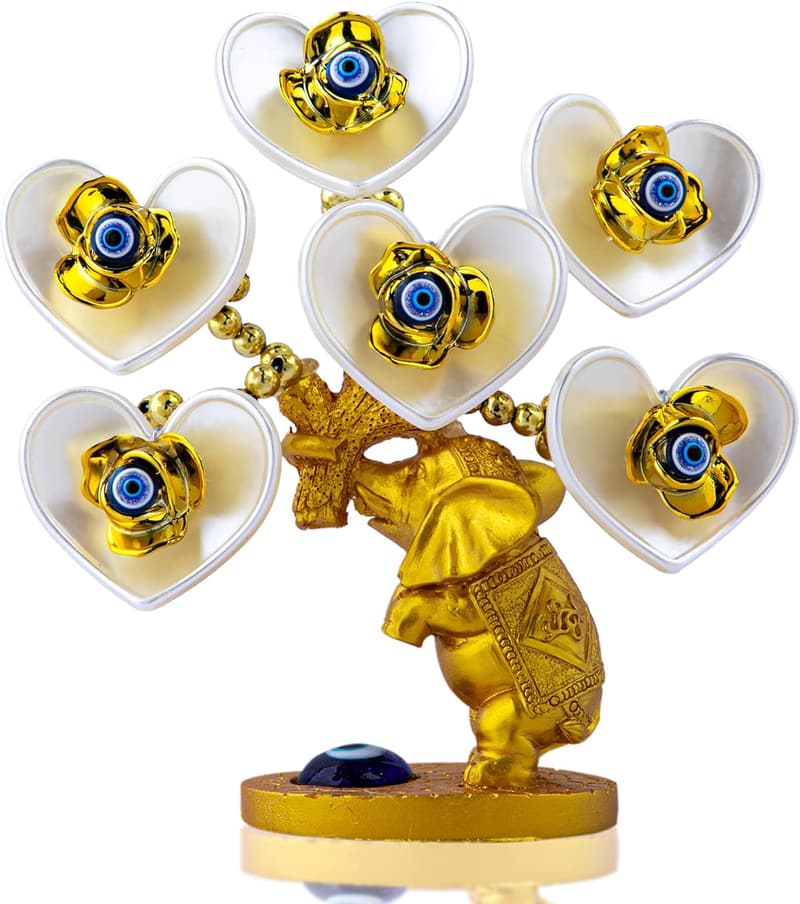 Blue Evil Eye Money Tree with Golden Elephant Figurine Decor