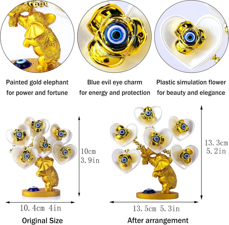 Blue Evil Eye Money Tree with Golden Elephant Figurine Decor