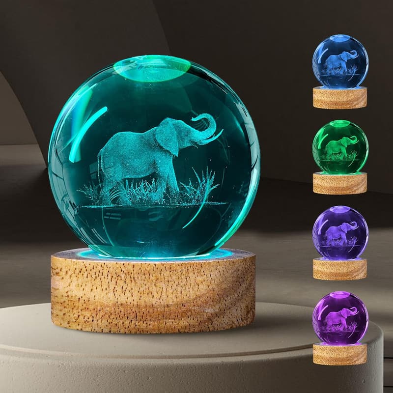 3D Elephant Crystal Ball Night Light - Color-Changing Decor