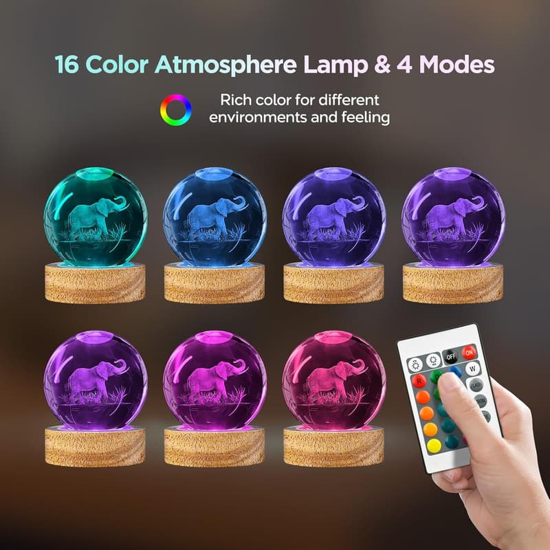 3D Elephant Crystal Ball Night Light - Color-Changing Decor