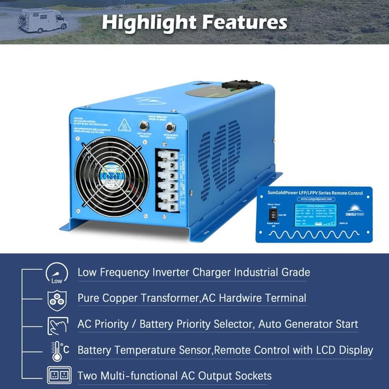 12V Pure Sine Wave Inverter Charger with LCD Remote, 12000W Peak