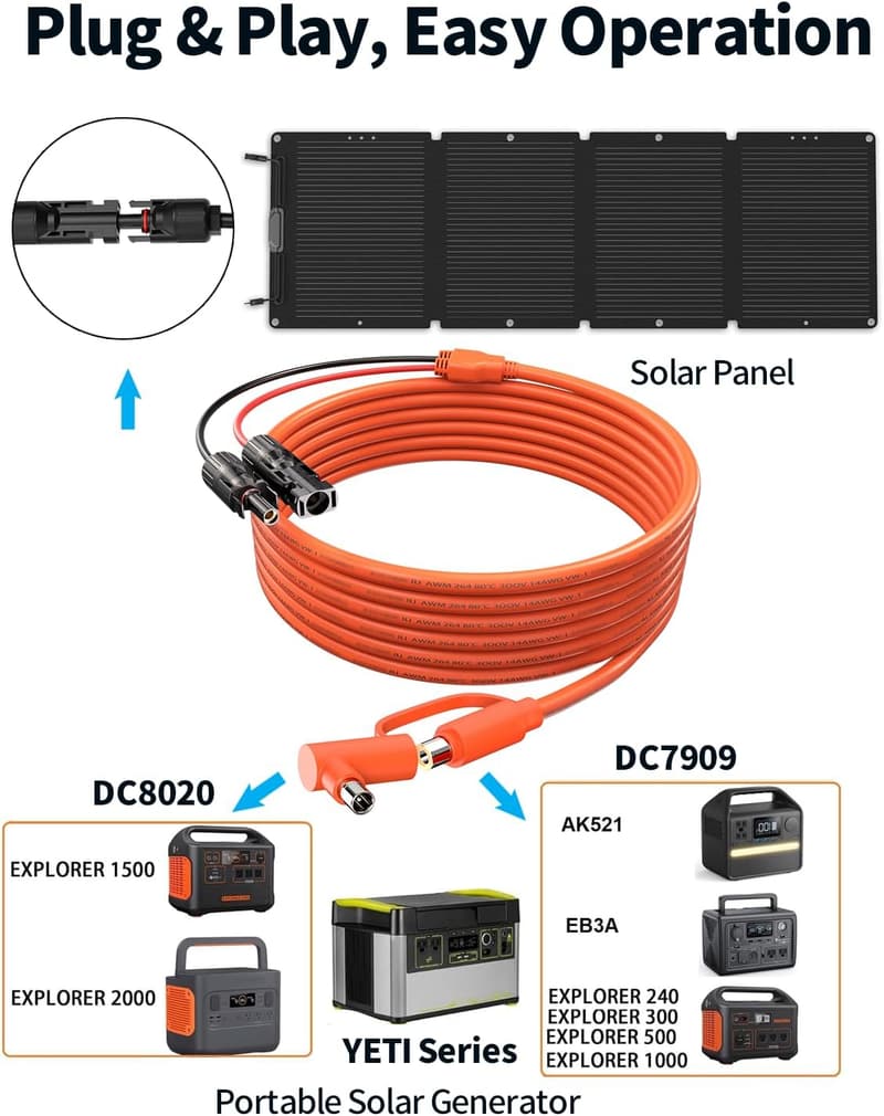 DC 8mm Solar Connector Adapter Cable - 2M for Portable Power Stations