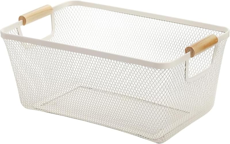 Large Metal Mesh Storage Basket with Wooden Handle for Home