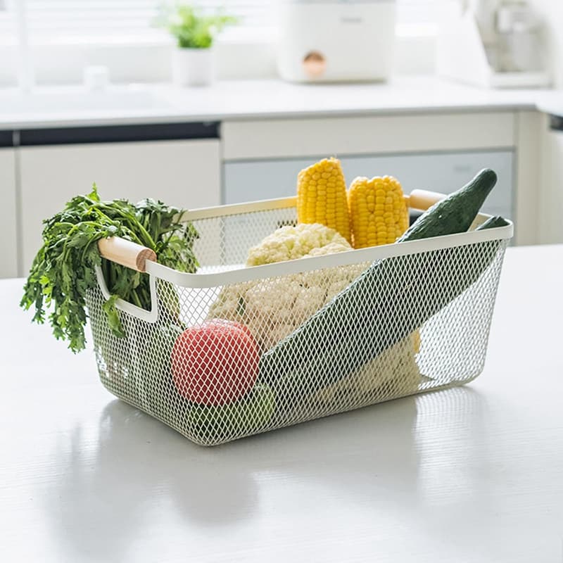 Large Metal Mesh Storage Basket with Wooden Handle for Home