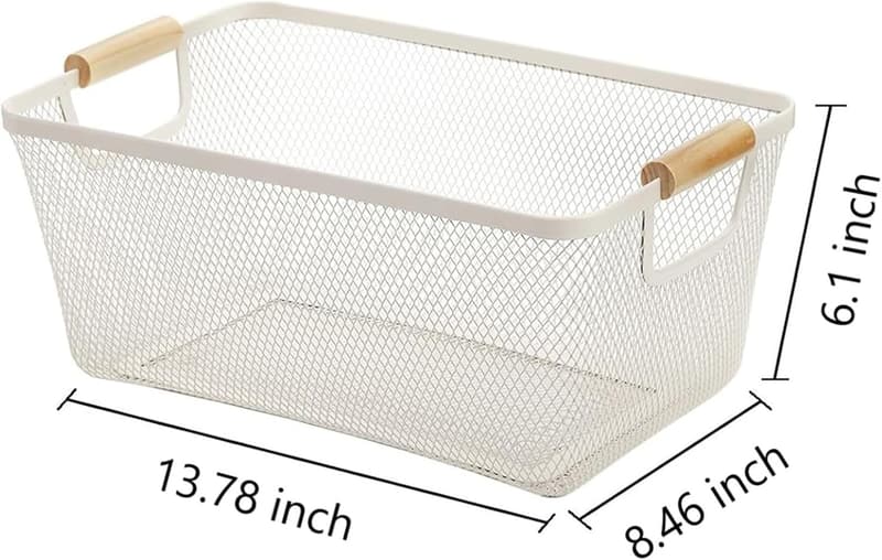 Large Metal Mesh Storage Basket with Wooden Handle for Home