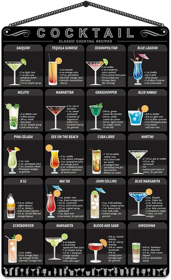 Cocktail Recipe Tin Sign for Kitchen Bar Decor, 8