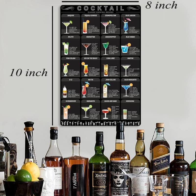 Cocktail Recipe Tin Sign for Kitchen Bar Decor, 8