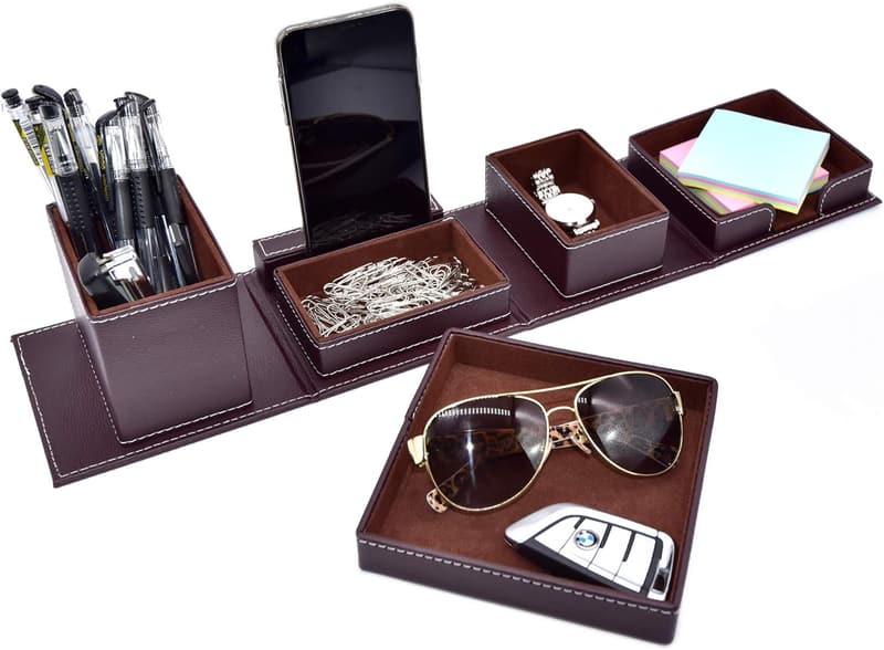 Leather Desk Organizer for Men - Office Storage and Accessories (Brown)