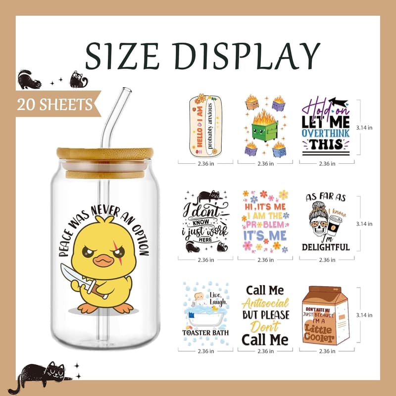 Funny Sarcasm UV DTF Cup Wrap - 20 Sheets for 16 oz Coffee Cups