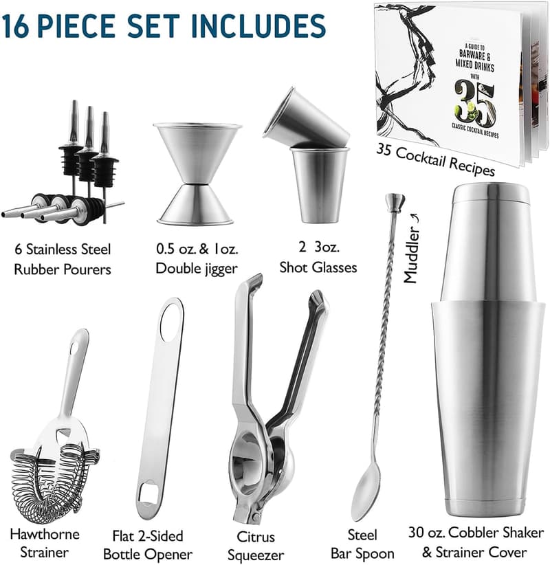 16-Piece Stainless Steel Cocktail Shaker Set