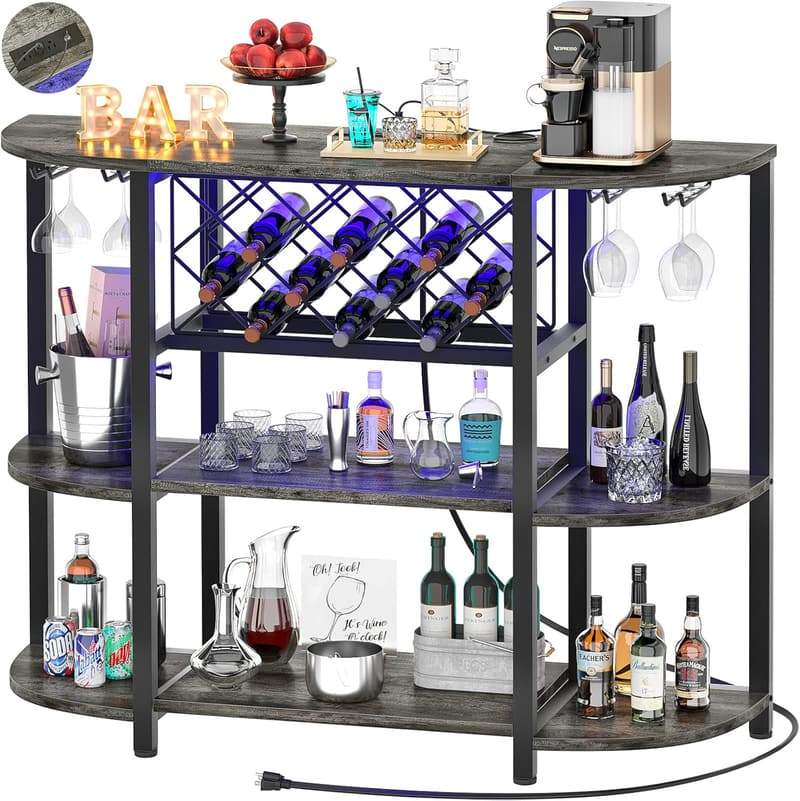 4-Tier Gray Oak Coffee Bar Cabinet with LED Light and Outlet