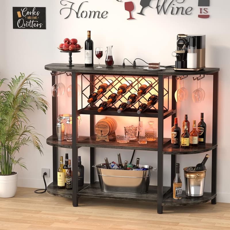 4-Tier Gray Oak Coffee Bar Cabinet with LED Light and Outlet
