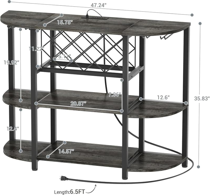 4-Tier Gray Oak Coffee Bar Cabinet with LED Light and Outlet