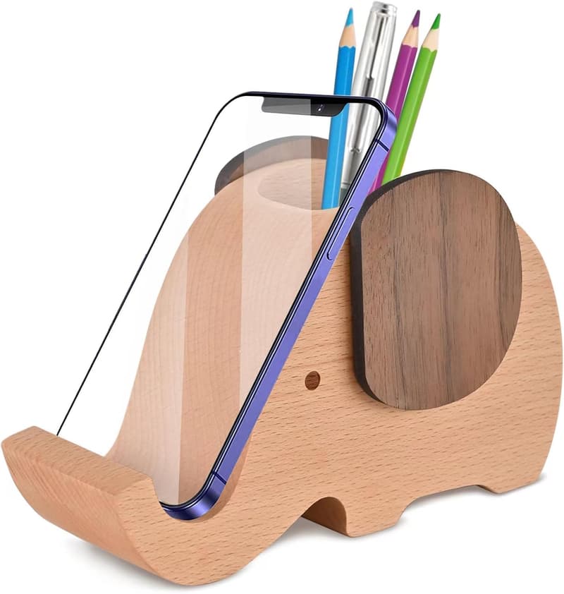 Wooden Elephant Cell Phone Holder & Desk Organizer
