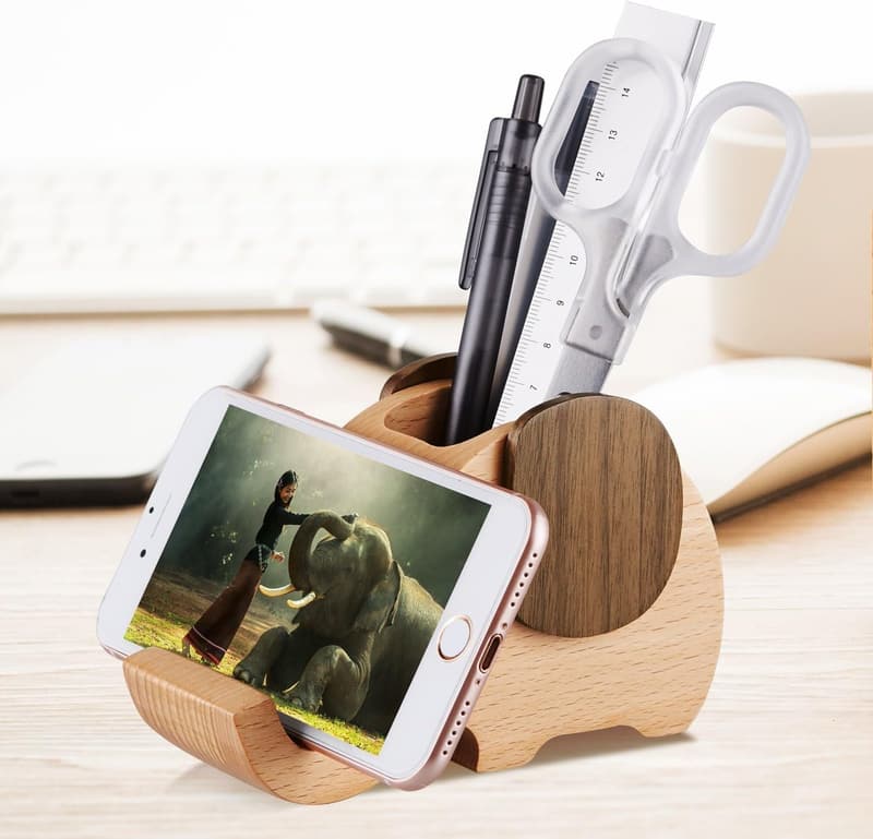 Wooden Elephant Cell Phone Holder & Desk Organizer