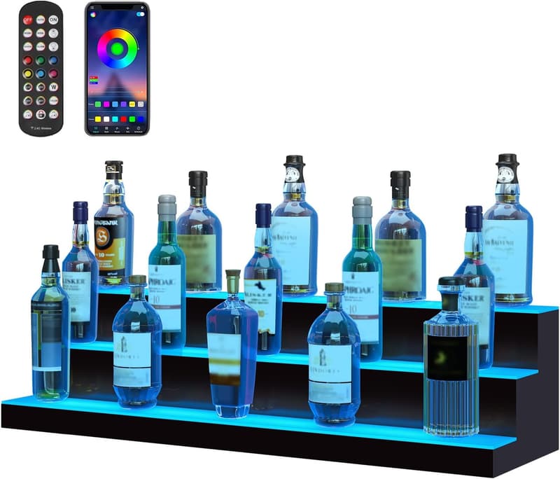 LED Lighted Liquor Bottle Display Shelf – 3-Tier, 40-Inch, Remote Control