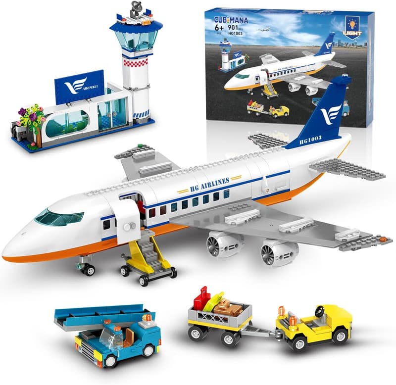 City Passenger Airplane Building Set with LED Light & Trucks, 901 pcs