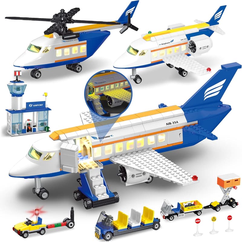 3-in-1 Airplane Building Set with LED Light for Kids