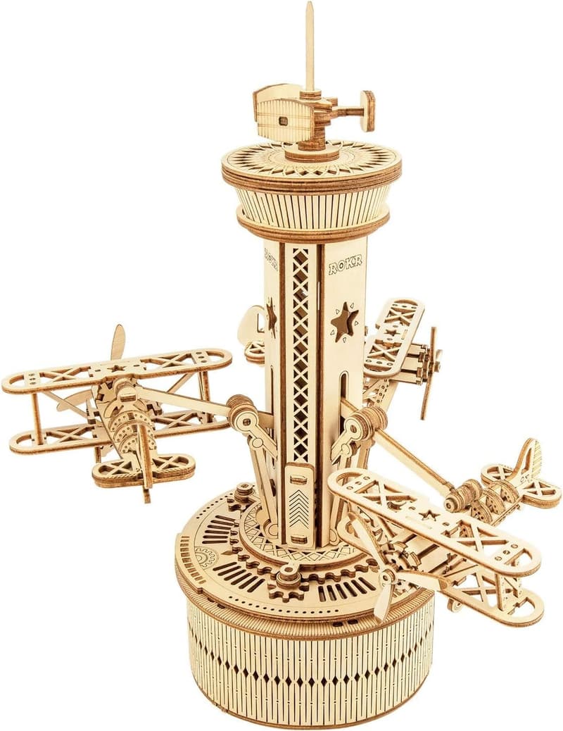Wooden Airplane Tower Music Box 3D Puzzle Kit for Adults