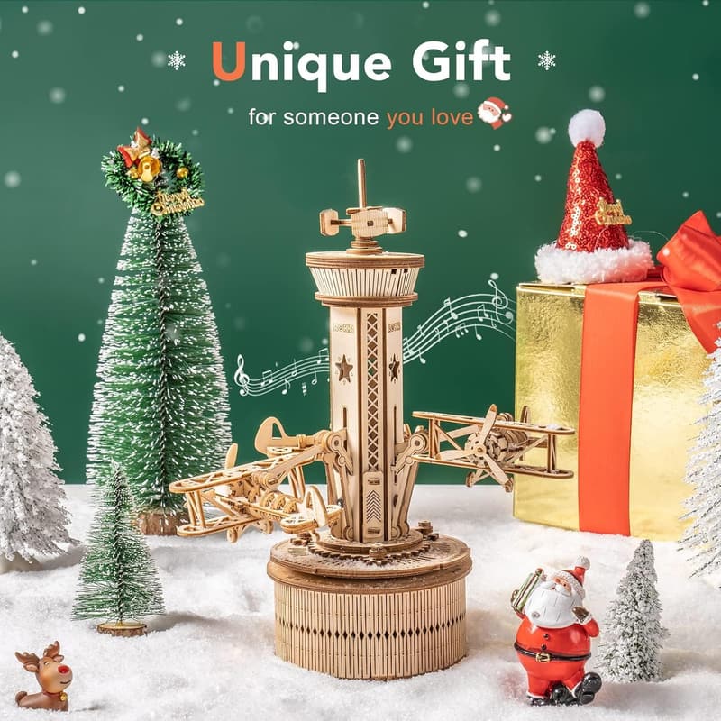 Wooden Airplane Tower Music Box 3D Puzzle Kit for Adults