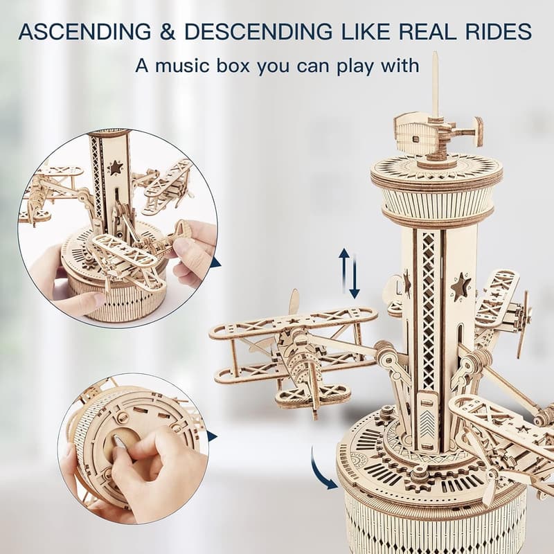 Wooden Airplane Tower Music Box 3D Puzzle Kit for Adults