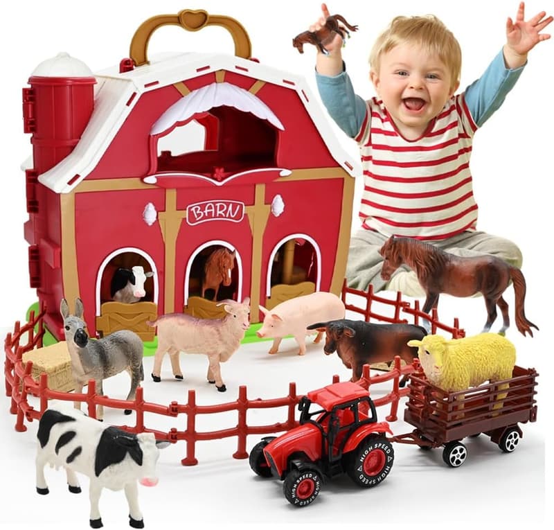 Farm Animal Figures Playset with Tractor for Toddlers