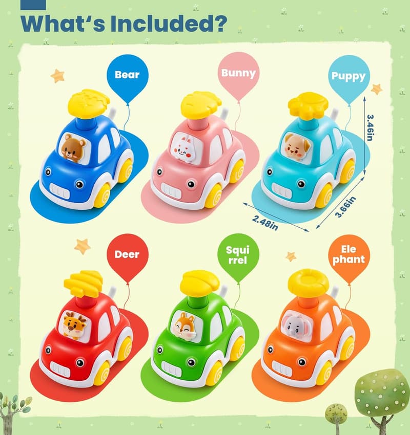 Animal Car Toy Set for Toddlers, 6-Pack Push & Go Gift
